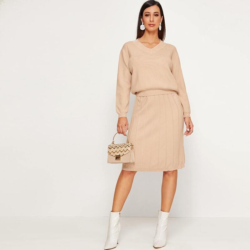 

Solid V-Neck Sweater & Sweater Skirt, Nude