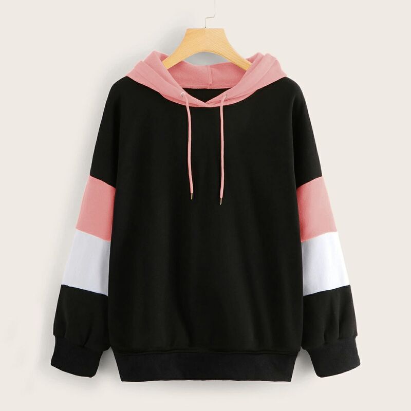 

Drop Shoulder Contrast Panel Drawstring Hoodie, Black