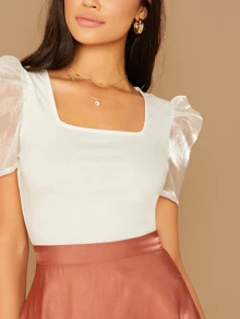 SHEIN Privé 方形領歐根紗泡泡袖t恤 - 白色 - 查看 4