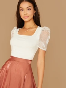 SHEIN Privé 方形領歐根紗泡泡袖t恤 - 白色 - 查看 1