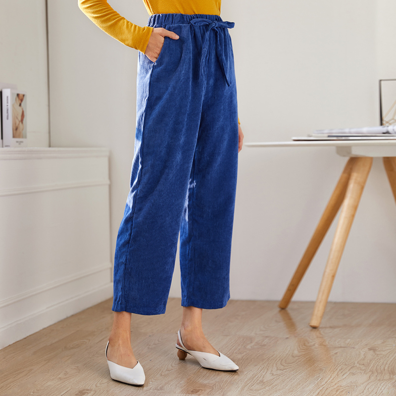 

Corduroy Tie Front Slant Pocket Pants, Blue