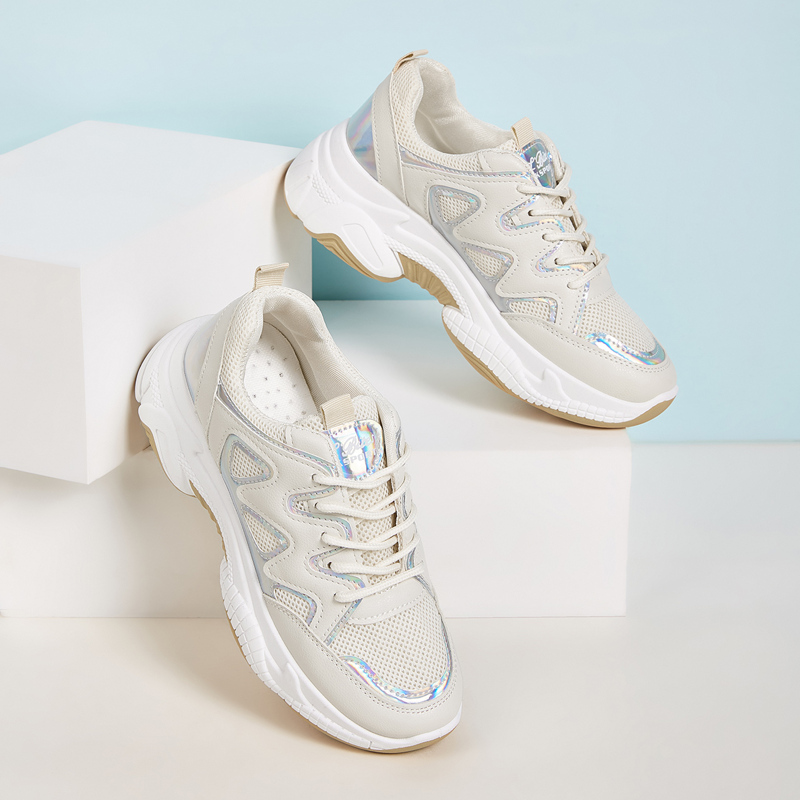 

Holographic Detail Mesh Chunky Sole Sneakers, Beige