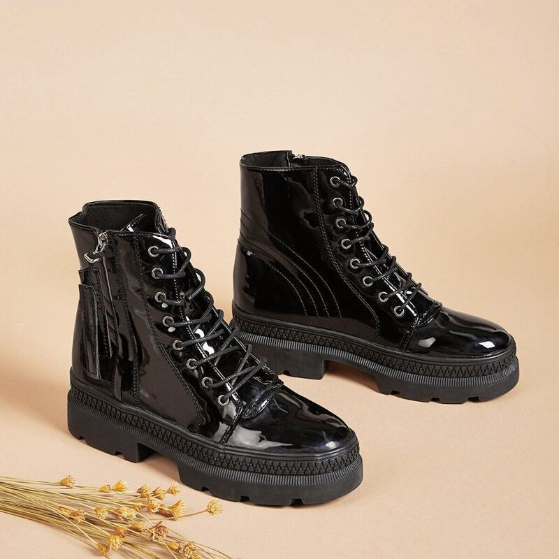 

Lace-up Front Zipper Side Combat Boots, Black