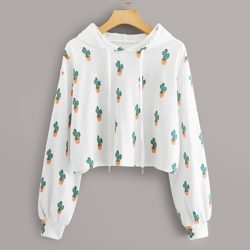 

Cactus Print Drawstring Hoodie, White