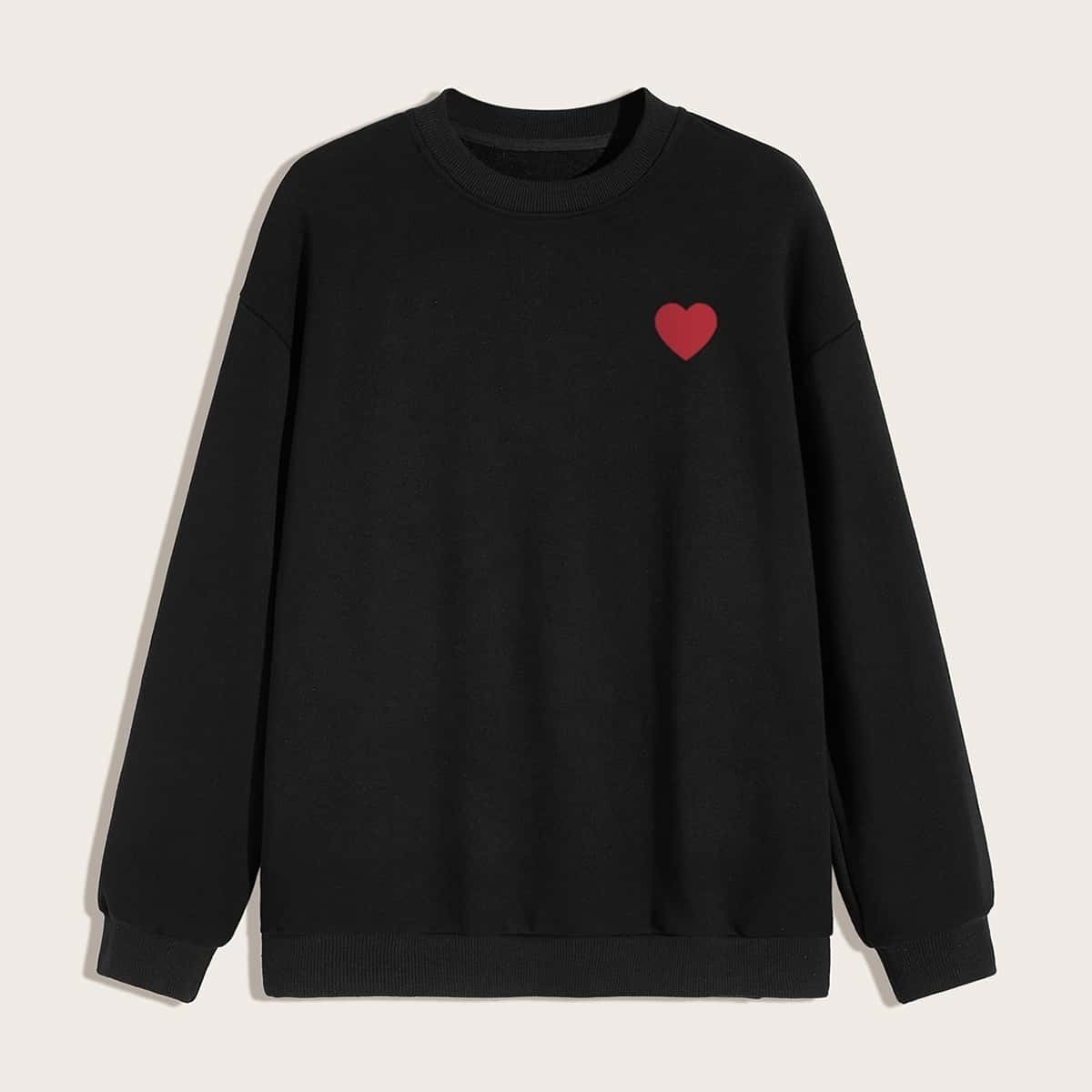 

Guys Drop Shoulder Heart Print Sweatshirt, Black
