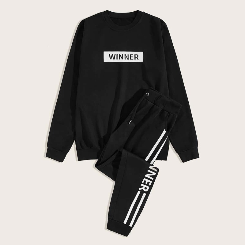 

Guys Letter Graphic Side Tape Drawstring Tracksuit, Black