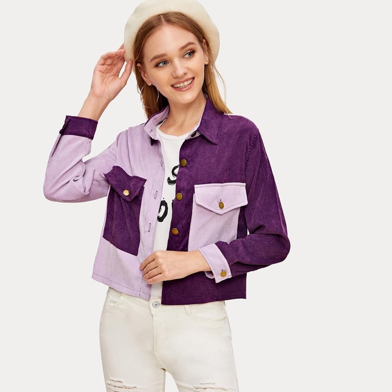 

Two Tone Flap Pocket Front Corduroy Jacket, Multicolor