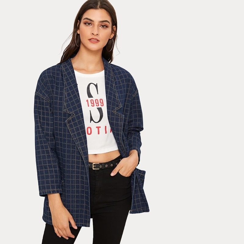 

Grid Lapel Collar Dual Pocket Denim Coat, Navy