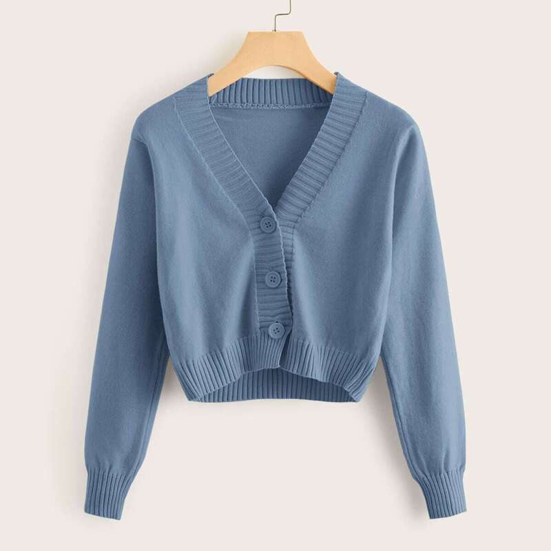 

Solid Button Through Crop Cardigan, Blue
