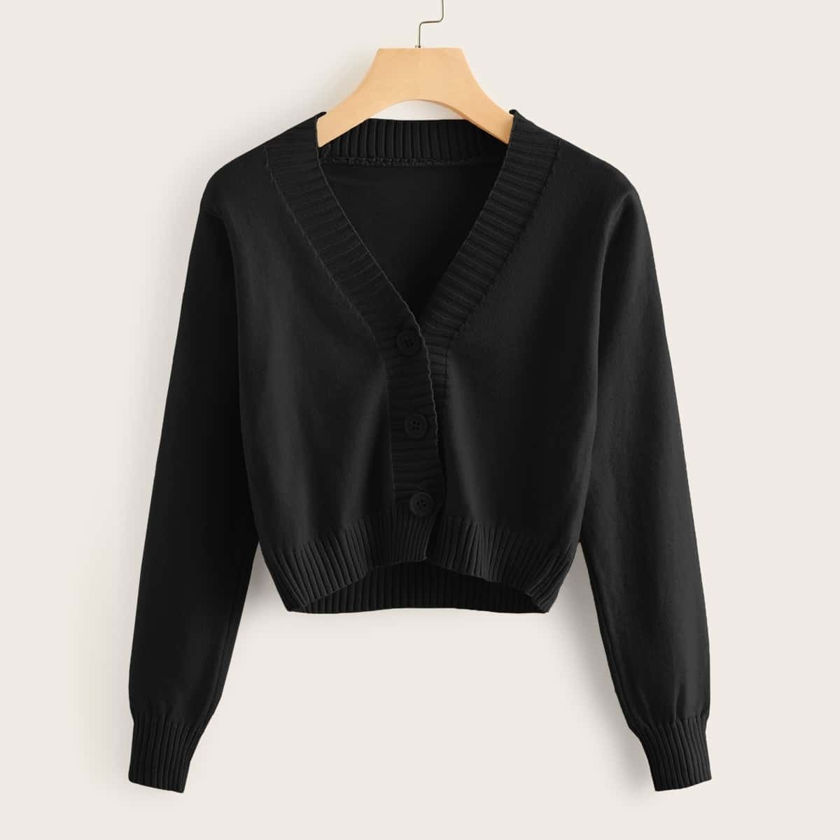 

Solid Button Through Crop Cardigan, Black