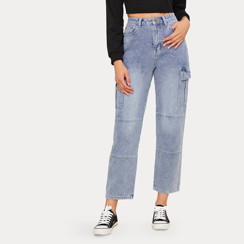 

Solid Flap Pocket Side Cargo Jeans, Blue