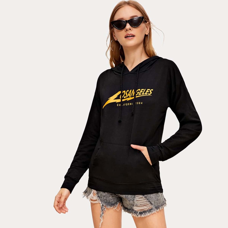 

Letter Print Kangaroo Pocket Hoodie, Black