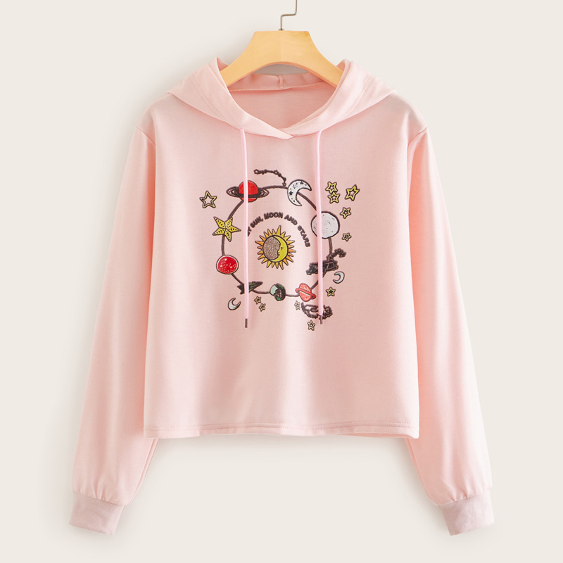 

Sun & Moon & Star Print Drawstring Hoodie, Pink pastel