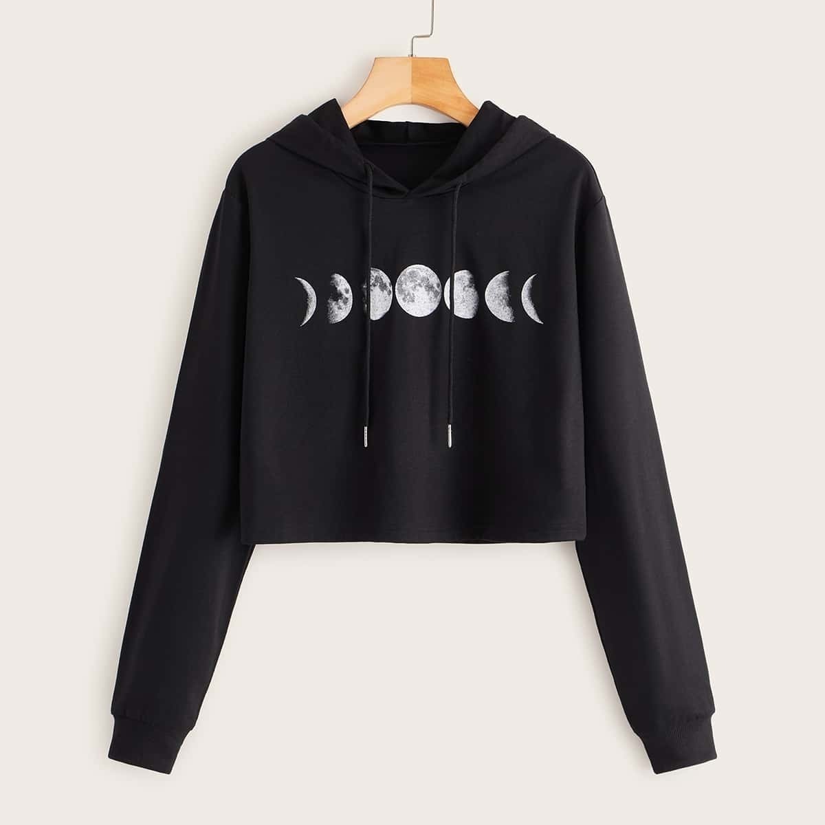 

Moon Print Drawstring Crop Hoodie, Black
