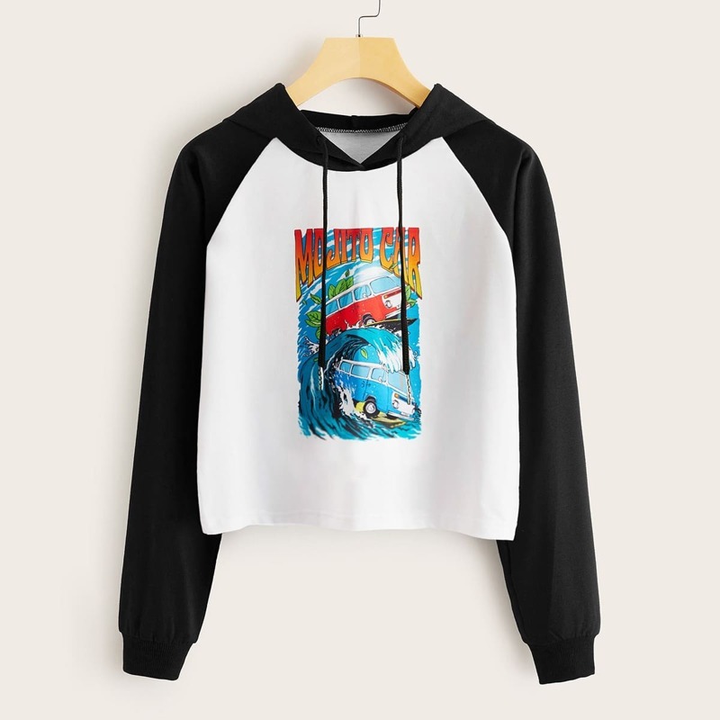 

Graphic Print Raglan Sleeve Drawstring Hoodie, Black and white
