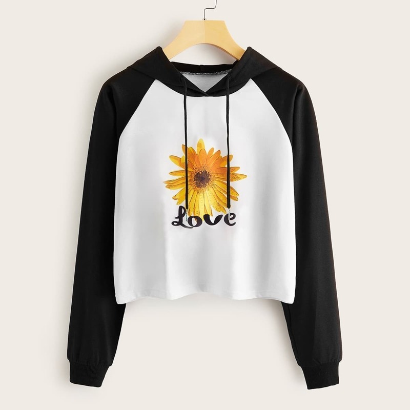 

Letter & Sunflower Print Raglan Sleeve Hoodie, Black and white