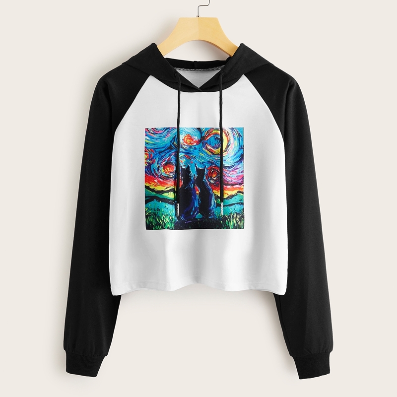 

Graphic Print Raglan Sleeve Drawstring Hoodie, Black and white
