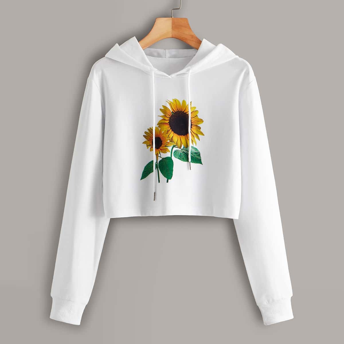 

Sunflower Print Drawstring Crop Hoodie, White