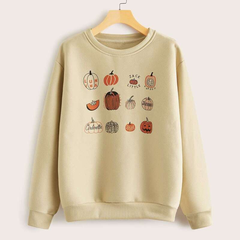 

Halloween Pumpkin Print Round Neck Sweatshirt, Beige