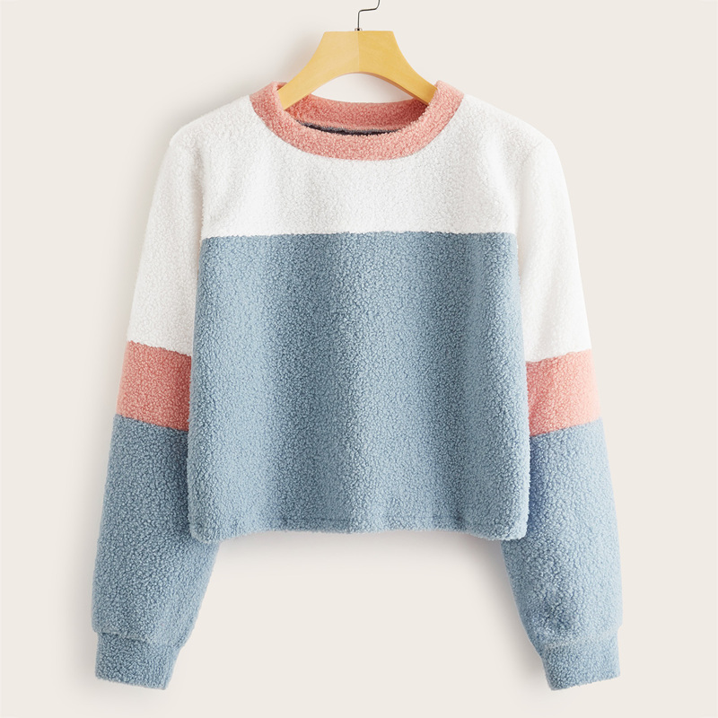 

Contrast Panel Round Neck Teddy Sweatshirt, Blue