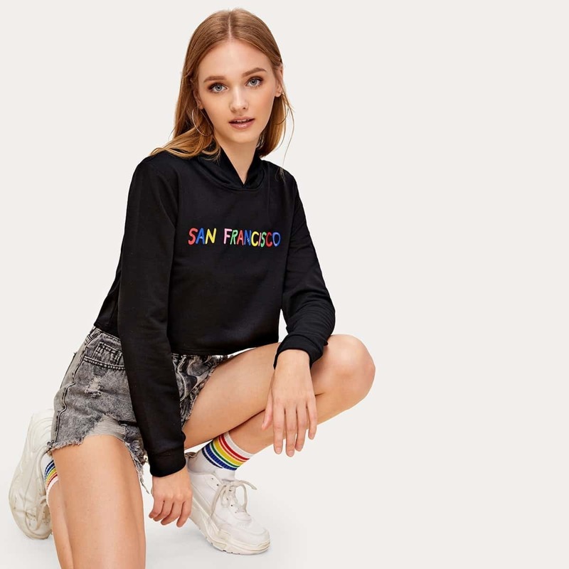

Colorful Letter Print Crop Hoodie, Black