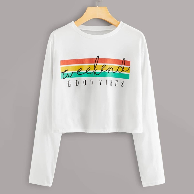 

Stripe & Letter Print Crop Tee, White