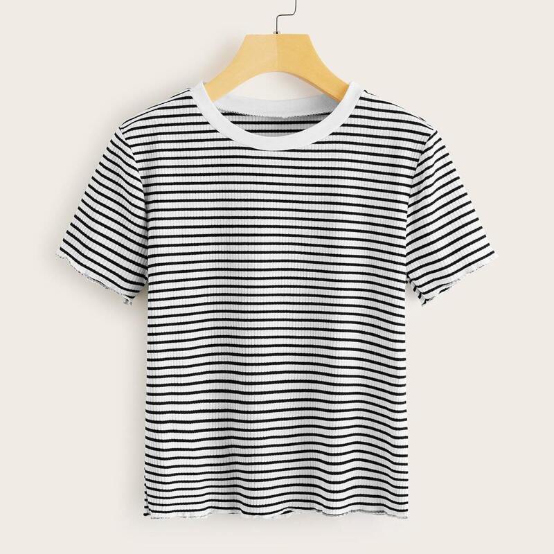 

Striped Short Sleeve Ribbed Tee, Black and white