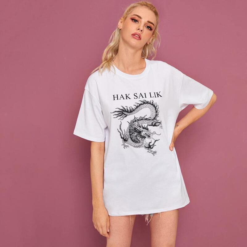 

Letter & Dragon Print Longline Tee, White