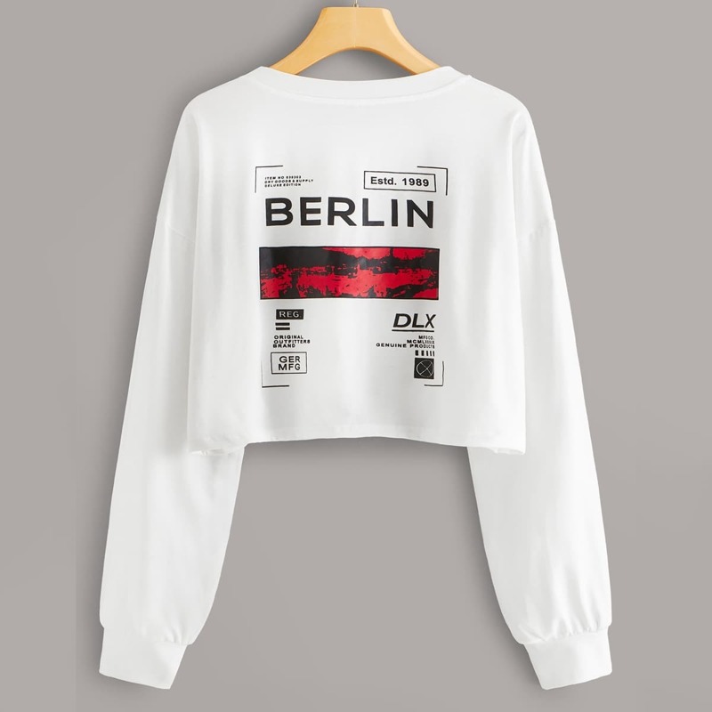 

Letter Print Drop Shoulder Crop Tee, White