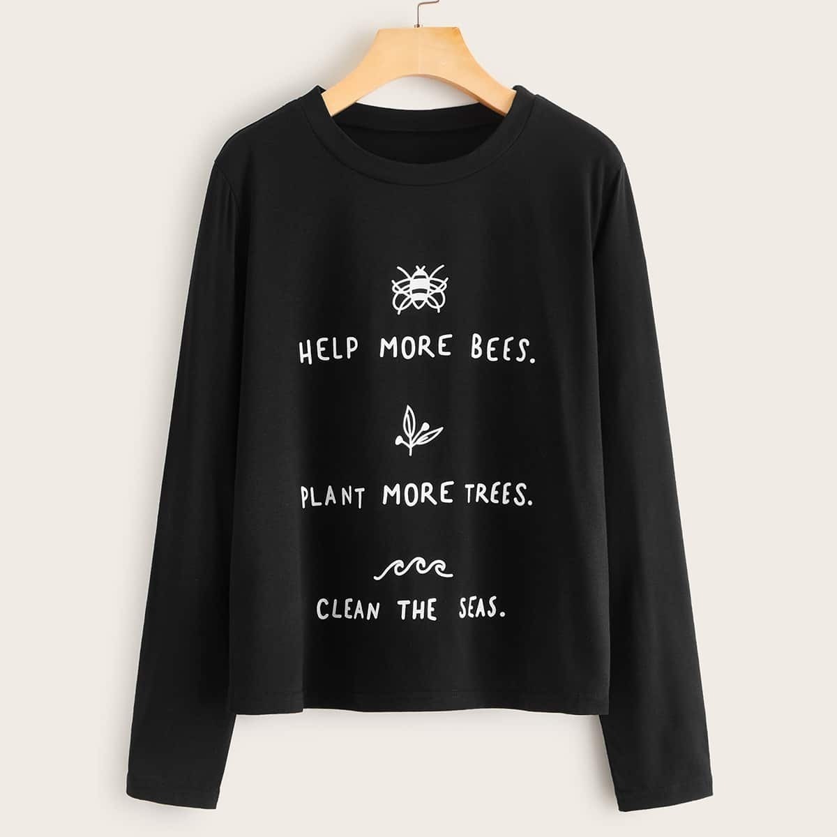 

Slogan & Bees Print Long Sleeve Tee, Black