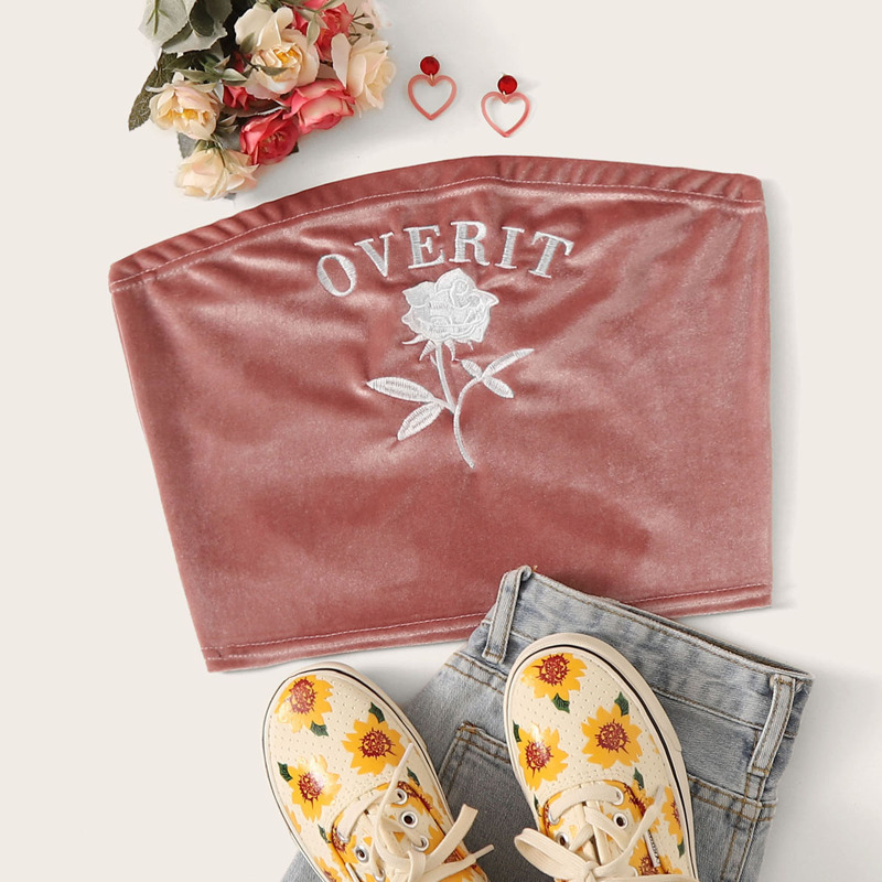 

Letter & Floral Embroidery Velvet Tube Top, Pink