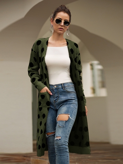 Polka Dot Dual Pocket Open Front Cardigan