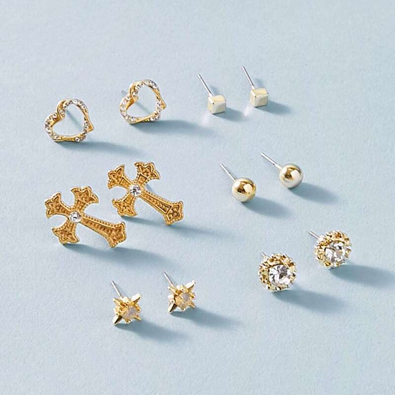 

Cross & Heart Decor Earrings 6pairs, Multicolor