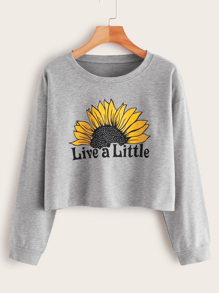 Sunflower & Letter Print Round Neck Sweatshirt