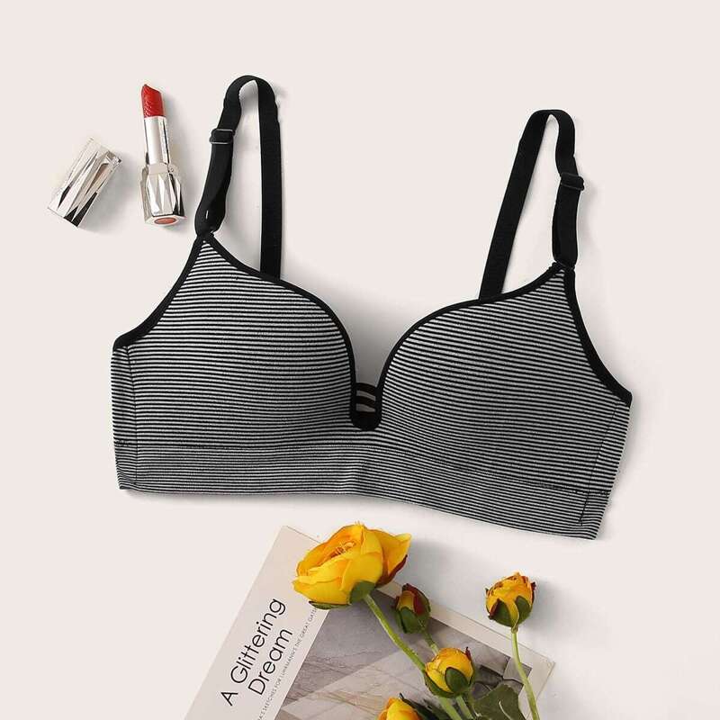 

Adjustable Strap Striped Bra, Black and white
