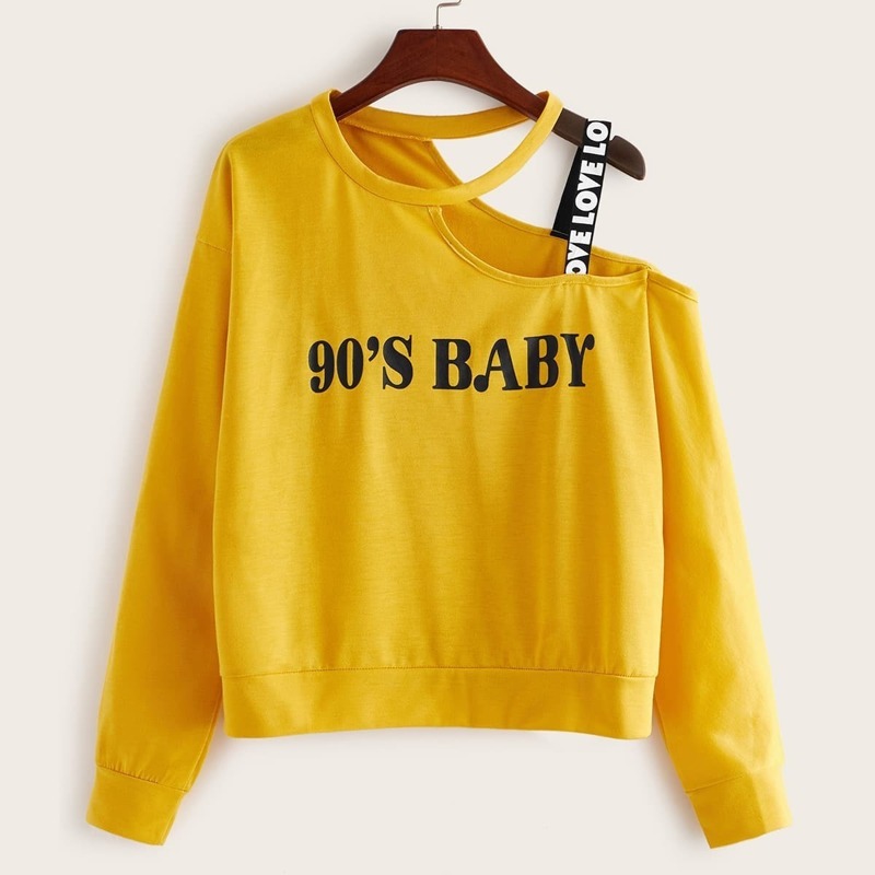 

Letter Print Tape Asymmetrical Neck Sweatshirt, Yellow