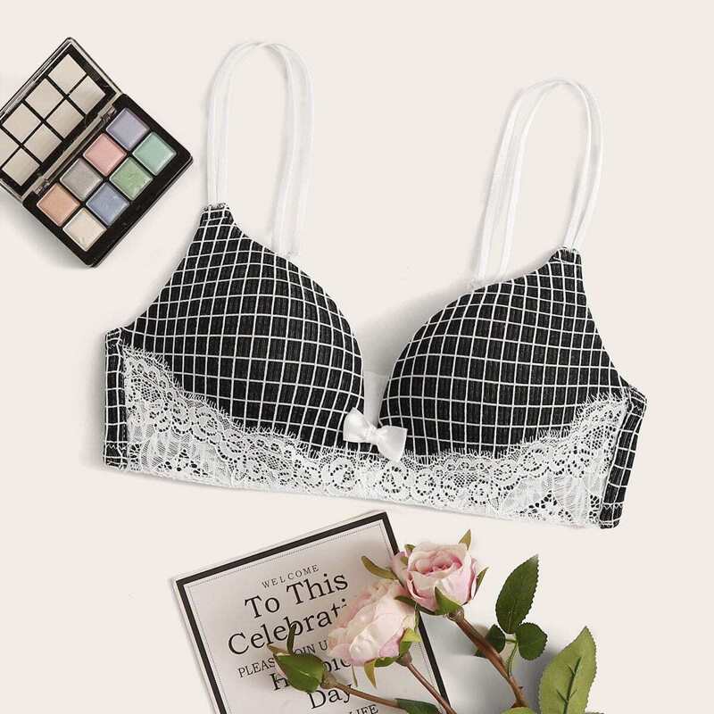 

Plaid Floral Lace Bra, Black