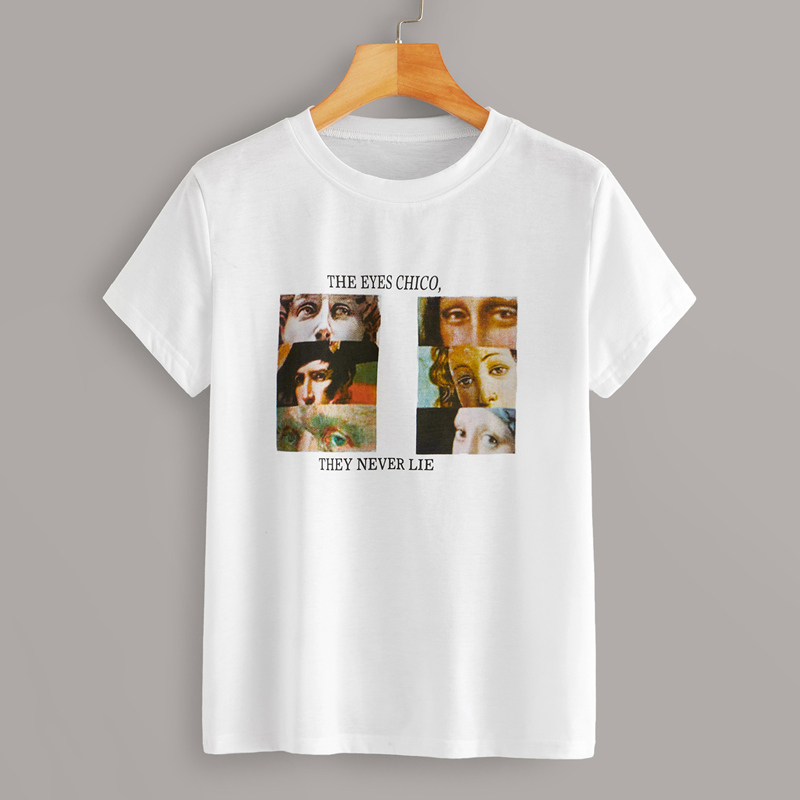 

Figure & Letter Print Round Neck Tee, White