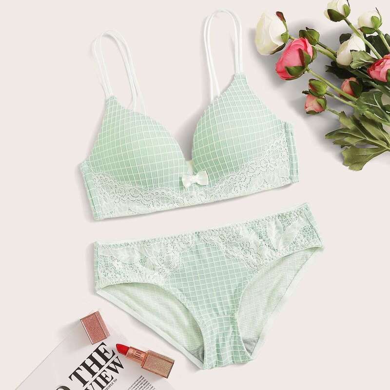 

Plaid Floral Lace Lingerie Set, Green