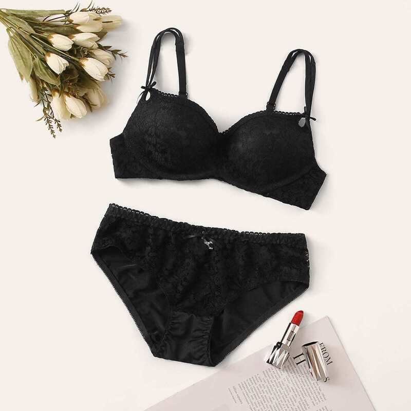 

Floral Lace Lingerie Set, Black