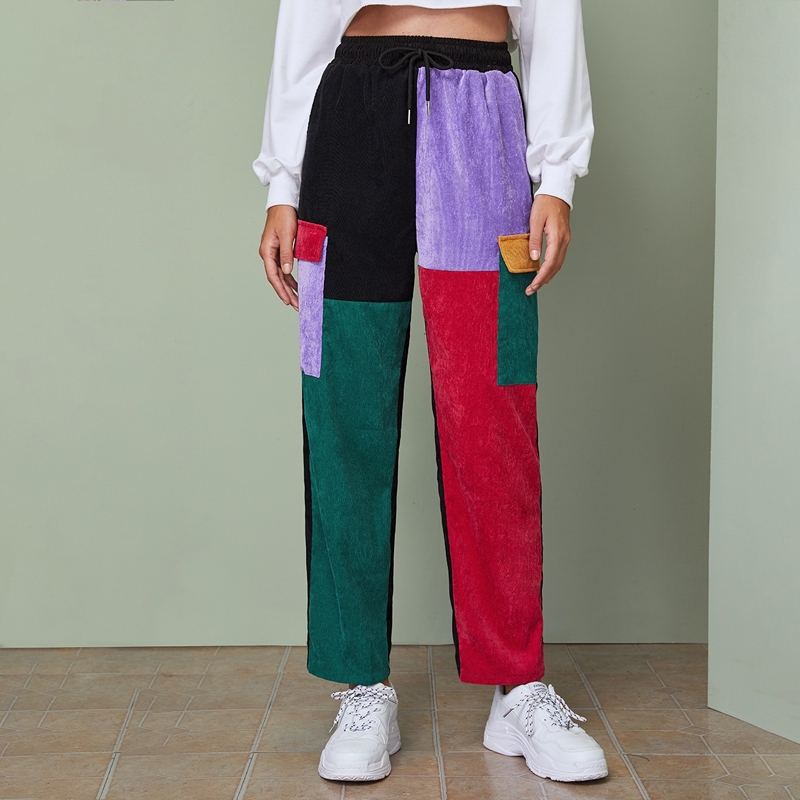 

Drawstring Waist Flap Pocket Patchwork Corduroy Pants, Multicolor