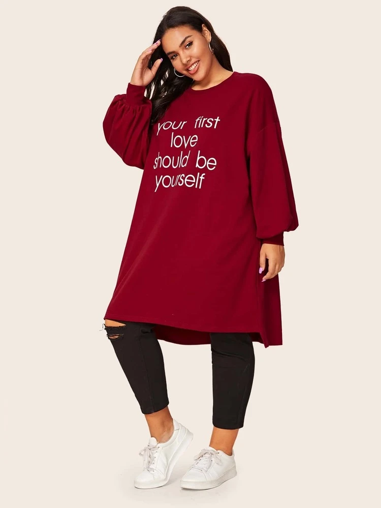 Plus Lantern Sleeve Slogan Print Pullover
