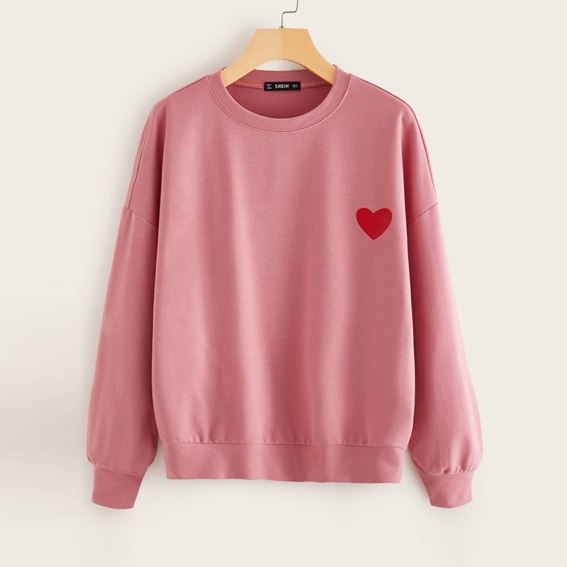 

Drop Shoulder Heart Print Sweatshirt, Pink pastel