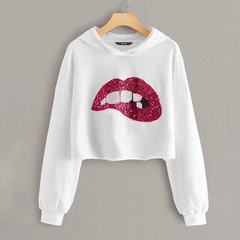 

Drop Shoulder Contrast Sequin Hoodie, White