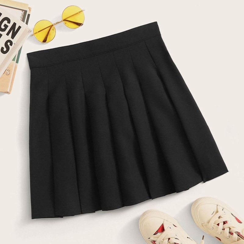 

Solid Elastic Waist Mini Pleated Skirt, Black