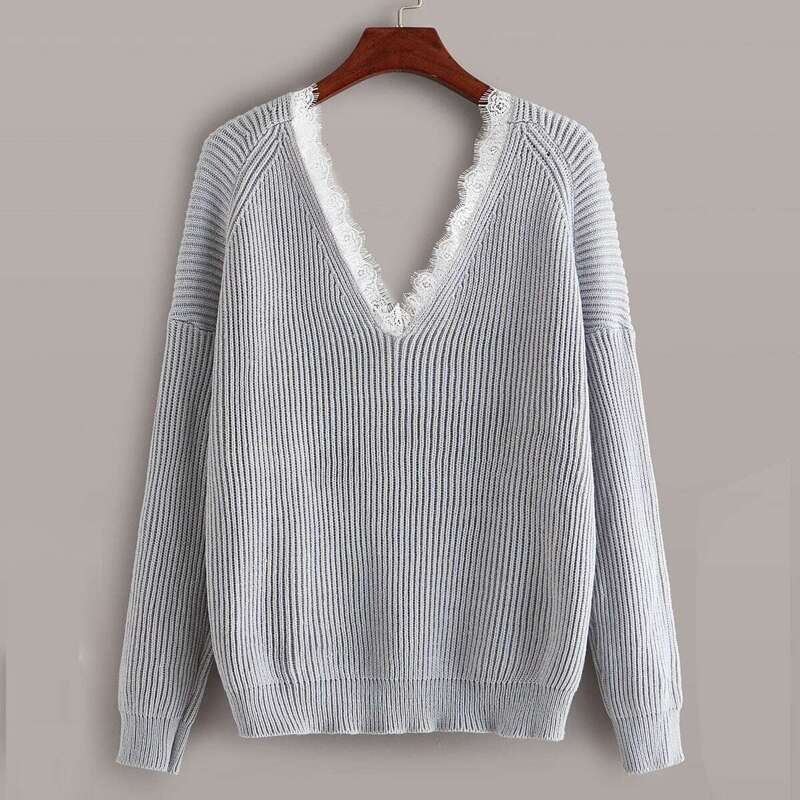 

Double V Neck Contrast Lace Panel Sweater, Grey