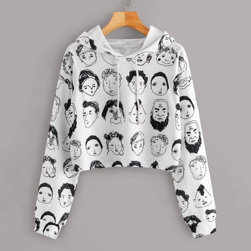 

Figure Print Drawstring Crop Hoodie, Black and white