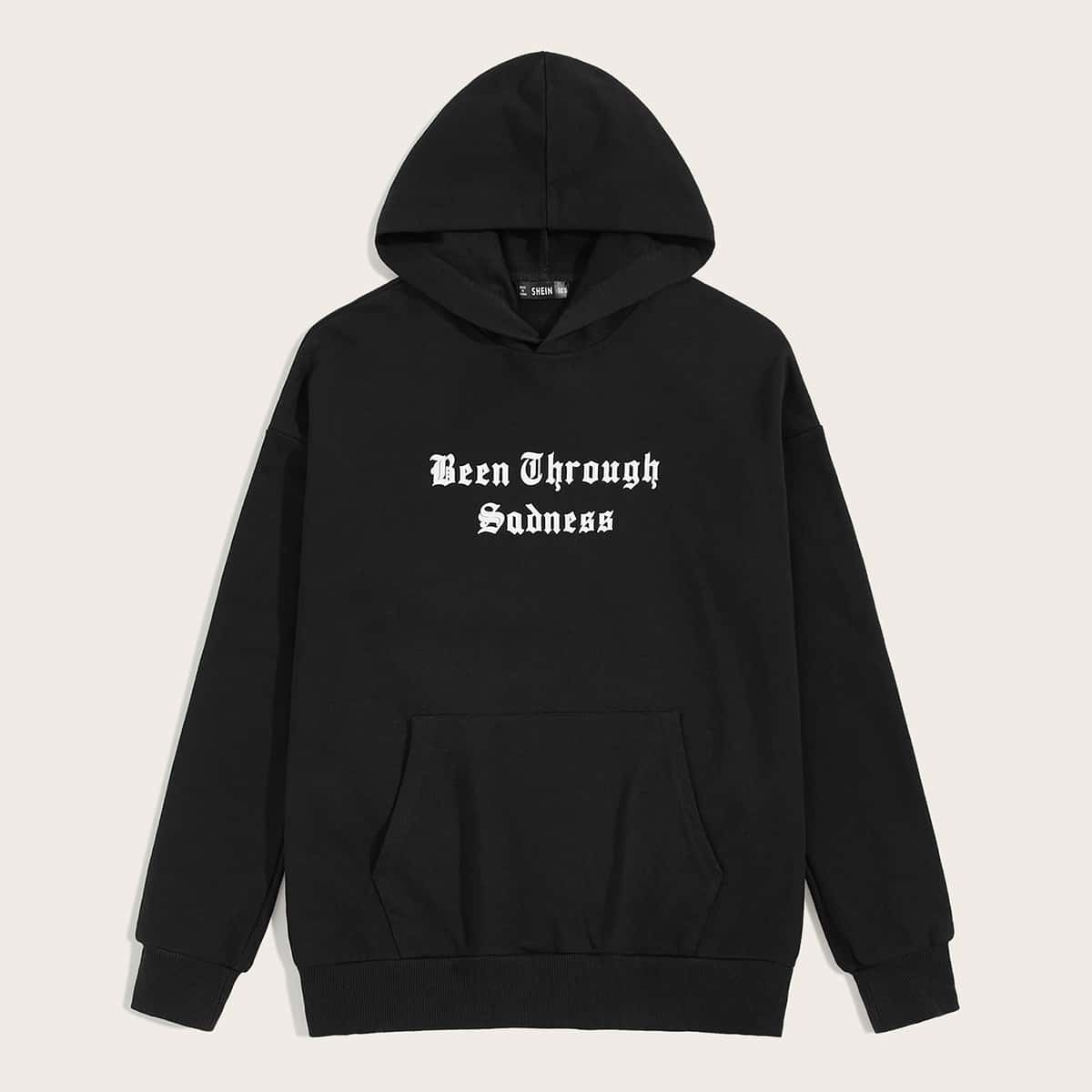 

Guys Slogan Print Pocket Front Hoodie, Black