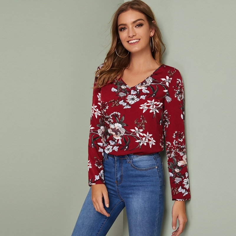 

V-neck Botanical Print Top, Burgundy