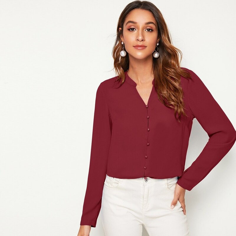 

Solid Buttoned Front Shirt, Burgundy